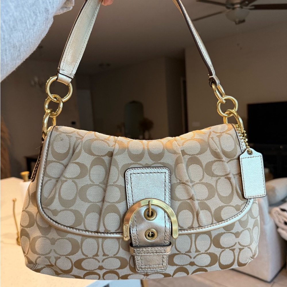 Coach Tan Signature Shoulder Bag with Gold Accents